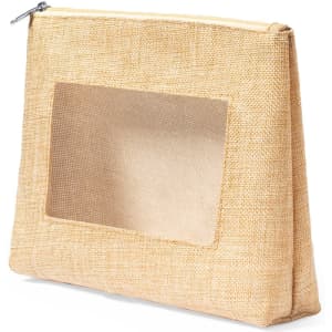 A beige toiletry bag with a transparent window, featuring a simple zip closure and a textured finish.