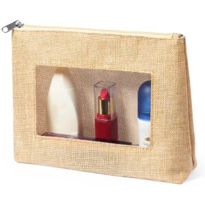 A toiletry bag in a natural tan colour with a clear window displaying bottles and cosmetics inside.