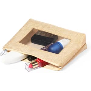 A beige toiletry bag featuring a transparent window, filled with various cosmetics and beauty products.