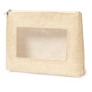 A beige toiletry bag made from textured material, featuring a mesh window and a zip closure, with a logo.