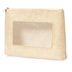 A beige tote bag with a clear window, featuring a zipper closure and a branding logo.