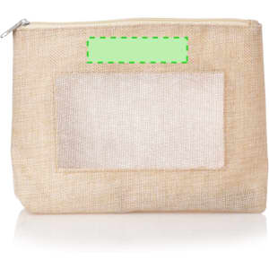 A beige toiletry bag with a transparent front pocket and a zip closure, featuring a logo.