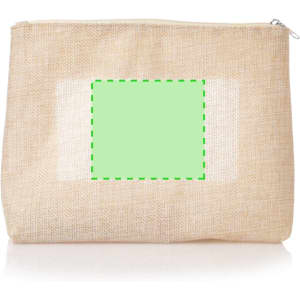 A natural-coloured toiletry bag with a transparent mesh section and a zipper closure. It features a logo.