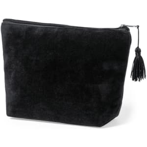 A black toiletry bag with a zip closure and a tassel detail. Features a branded logo.