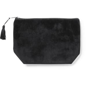 A black toiletry bag with a textured finish and a tassel zipper pull. It features a simple design and has a logo.