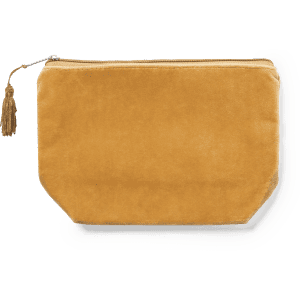 A mustard yellow toiletry bag with a zip closure and a tassel pull, featuring a smooth fabric texture.