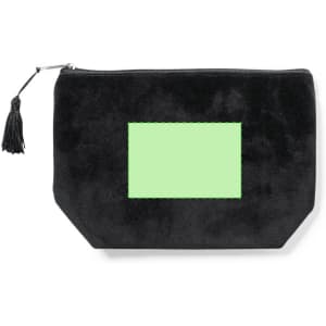 A black toiletry bag with a textured finish and a green rectangular area, featuring a tassel zipper pull.