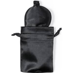 A black satin eye mask with a matching storage pouch. The mask has a rounded shape and ties for secure fit.
