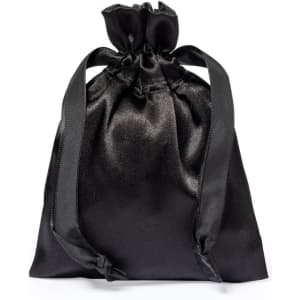 A black satin drawstring pouch with matching satin ties, ideal for storing items.