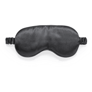 A black eye mask with an elastic band for comfort, designed for restful sleep.