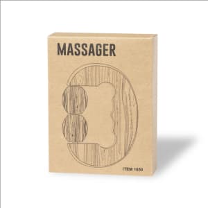 A cardboard box containing a wooden-style massager, with an illustration of the product on the front.