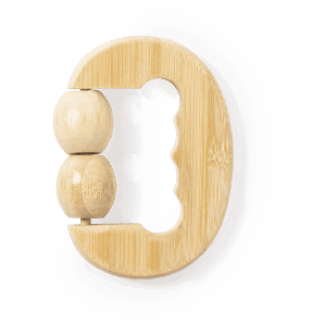 A bamboo massager with two rolling balls and a curved handle, featuring a natural wood finish.