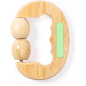 A wooden massager with a rounded handle and two wooden rollers, featuring a natural bamboo finish.