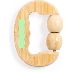 A bamboo massager with rounded wooden balls and a handle, featuring a section for branding.