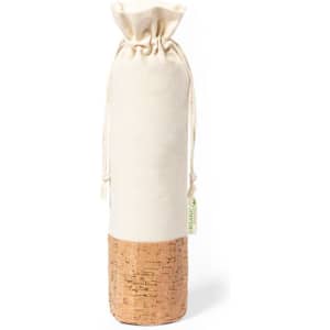 A drawstring bag in cream with a cork base and a natural fabric top, featuring a small logo tag.