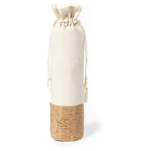 A drawstring bag in cream and cork colours, featuring a logo, suitable for carrying various items.