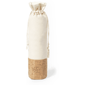 A drawstring bag in cream with a cork bottom and a cinched top. It features a logo.