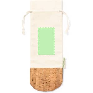 A drawstring bag featuring a natural cork base and a light fabric upper, with a blank area for customization.