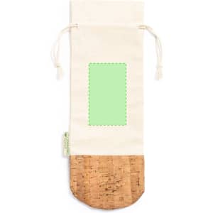 A drawstring bag in cream with a cork base and an empty green rectangle for design customization.