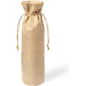A drawstring bag in natural jute colour, featuring a tied opening and a textured finish. It has a logo.
