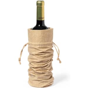 A burlap drawstring bag with a wine bottle inside, featuring ties at the top and a natural colour.