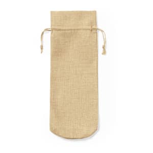 A natural hessian drawstring bag with a rounded bottom and two securing ties at the top.