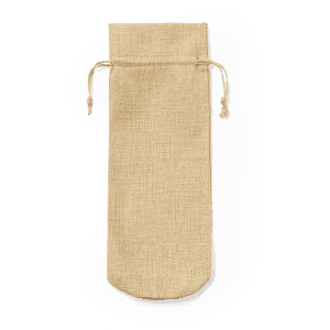 A natural jute drawstring bag with a beige colour and two tied cords at the top. It features a branding logo.