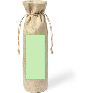 A natural hessian drawstring bag with a green blank section and tied closure. Features a logo on the front.