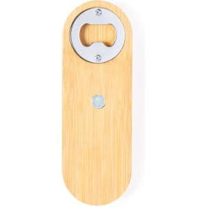 A drink bottle opener featuring a bamboo handle and a stainless steel opening mechanism, with a circular logo area.