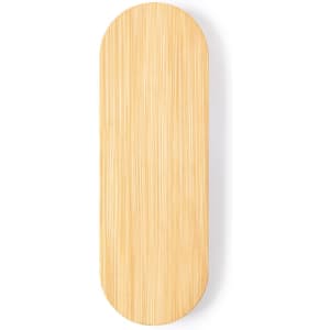 A wooden bottle opener with a smooth, light wood finish and an oval shape, featuring a logo.