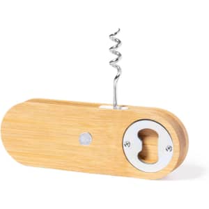 A drink bottle opener made from bamboo, featuring a spiral corkscrew and a metal bottle opening mechanism.