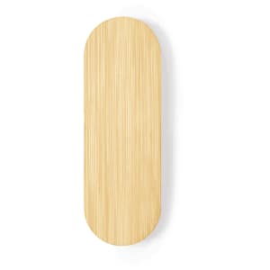 A bamboo bottle opener with a sleek, elongated design and a smooth finish. It features a simple logo.