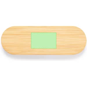 A bamboo bottle opener featuring a rectangular area for custom branding or design. It has a natural wood finish.