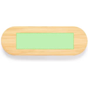 A drink bottle opener made of bamboo with a green accent, featuring a branding logo on the surface.