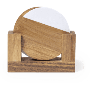 A wooden coaster set featuring a white and brown design, presented in a stylish wooden holder.