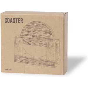 A coaster set displayed in a brown cardboard box with a simple design. The box features a logo and item number.