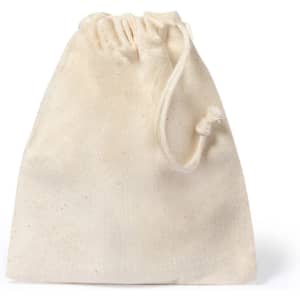 A beige drawstring pouch made of fabric, featuring a simple design with a gathered top.