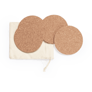 A set of four round cork coasters presented with a drawstring storage bag.