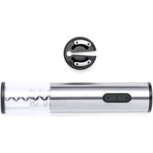 A silver electric corkscrew with a transparent body and a black base, alongside a bottle opener tool.