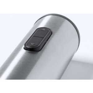 A stainless steel electric corkscrew with a black control panel featuring up and down buttons.