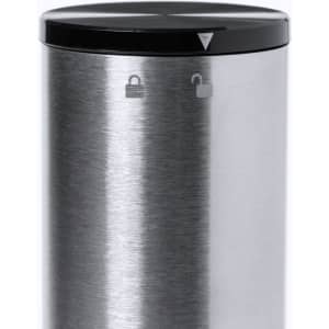 A silver electric corkscrew with a black top features lock and unlock symbols. It has a sleek, modern design.