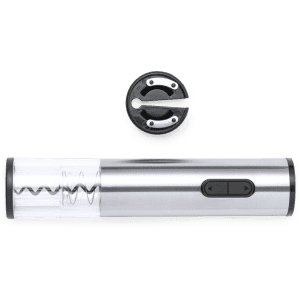 A stainless steel electric corkscrew and foil cutter, featuring a sleek design and clear casing.