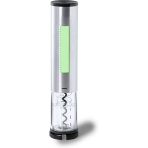 A stainless steel electric corkscrew with a clear base and a green panel, featuring a spiral corkscrew mechanism.