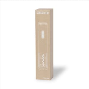 A sleek and modern electric corkscrew in a beige box with a simple design and an embedded logo.