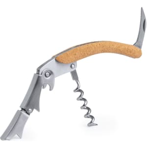 A silver corkscrew opener with a cork handle, featuring a knife blade and bottle opener.