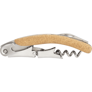 A corkscrew opener with a silver metal body and a natural cork handle, featuring a foldable design.