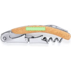 A corkscrew opener with a silver metal body and a cork handle, featuring a logo.