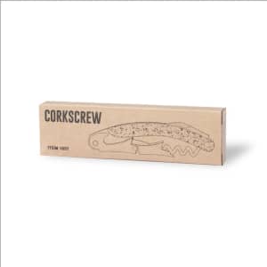 A corkscrew opener in a simple brown box featuring an illustration of the opener and a logo.