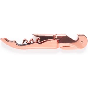 A rose gold corkscrew opener with a sleek design and a bottle opener feature, showcasing a shiny metallic finish.
