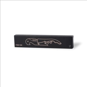 A sleek black box featuring a corkscrew opener graphic, with a logo visible on the packaging.